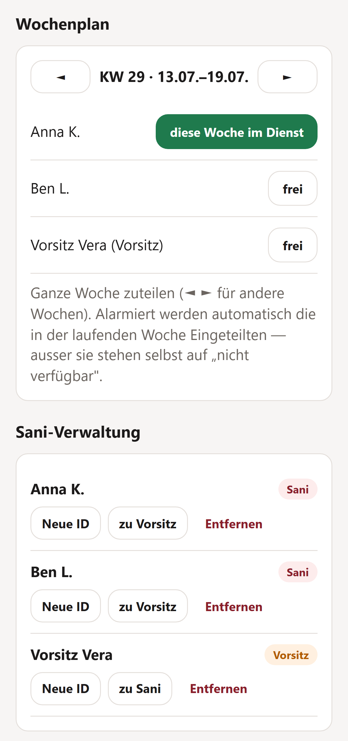 Wochen-Dienstplan in der SchulSani-App