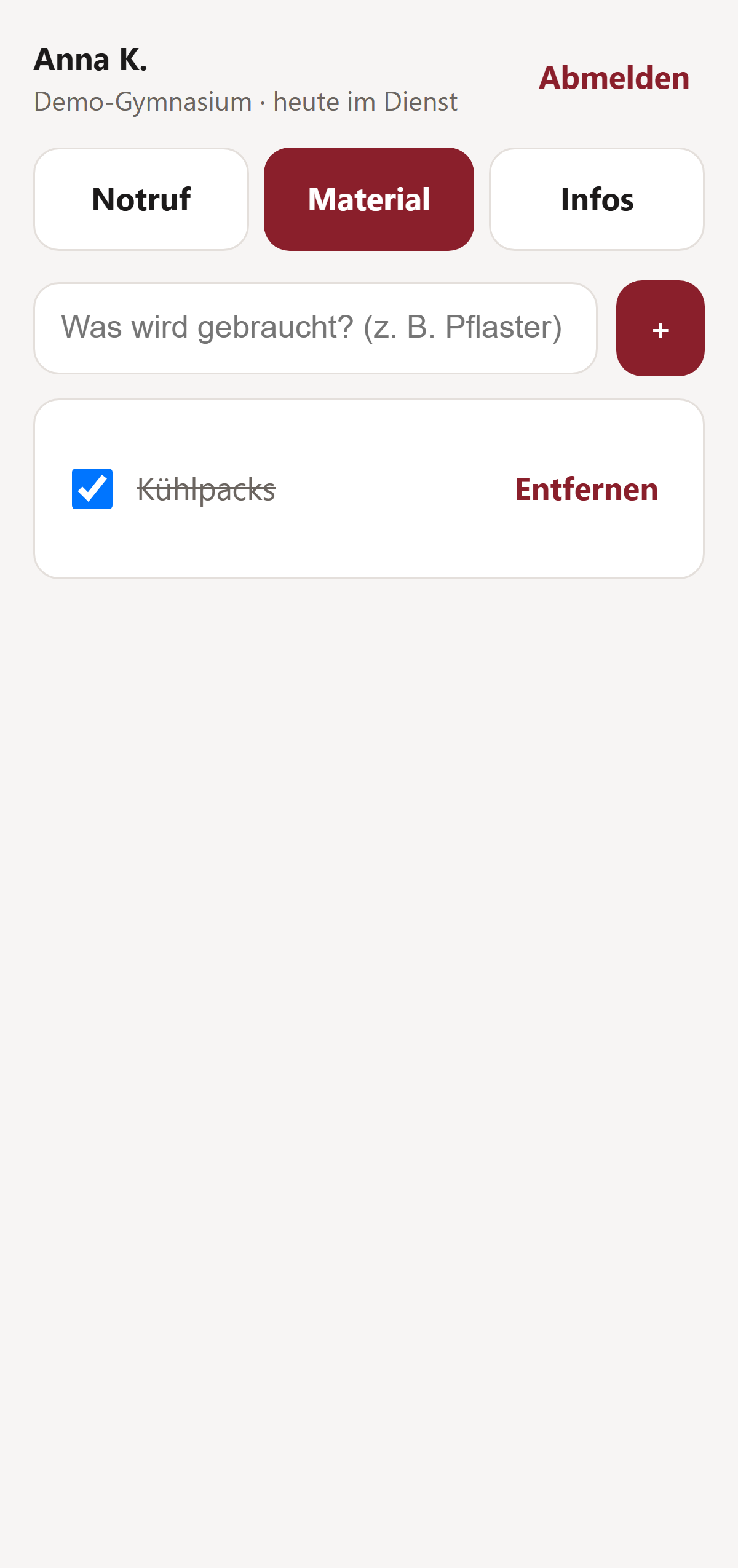 Materialliste und Infos in der App
